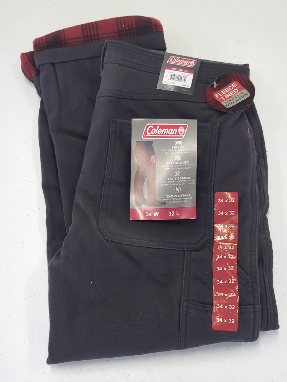 Coleman Black Fleece-Lined Utility Pants with Red Plaid Lining